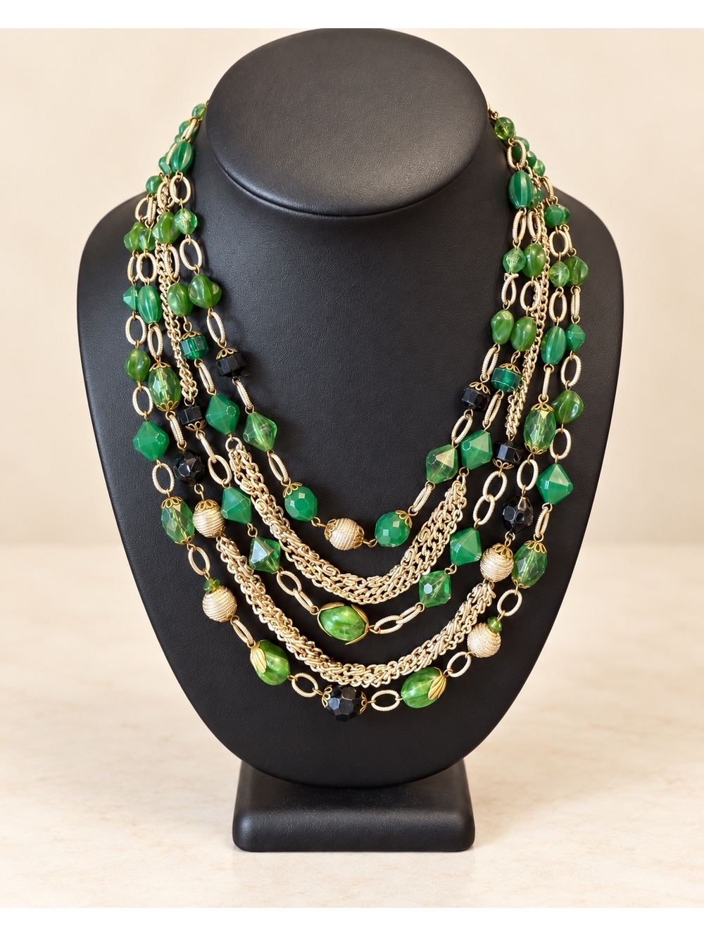 Vintage W Germany Green Beaded Multi Strand Necklace Gold Tone 1950s 1960s